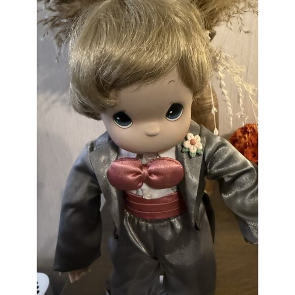 Vintage Precious Moments Groom Doll Boy in Gray Tuxedo with Pink Bow 12” W/Stand - Picture 5 of 6
